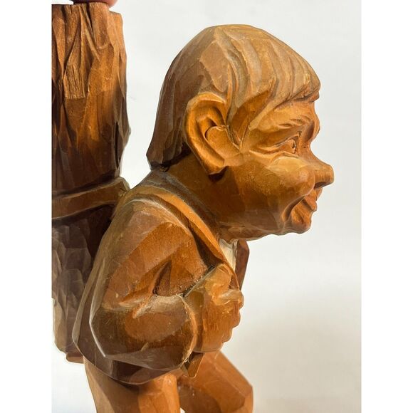 Vintage Hand Carved Wood Hobbit Man with Log - Picture 2 of 8